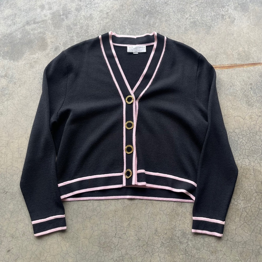 St John Collection Marie Gray Knit Cardigan Black Pink Gold Button Cropped L